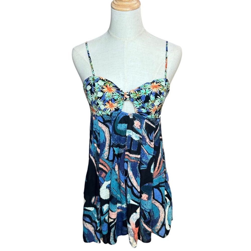 Free People Abstract Cut Out Smocked Flowy Romper Vacation Cruise Resort Sz M